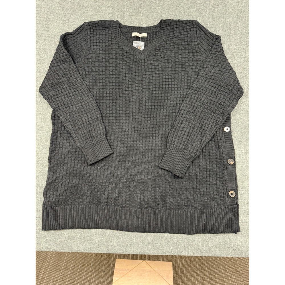 Woman Within Black Waffle Knit V-Neck Side Button Sweater 1X 22/24 NEW